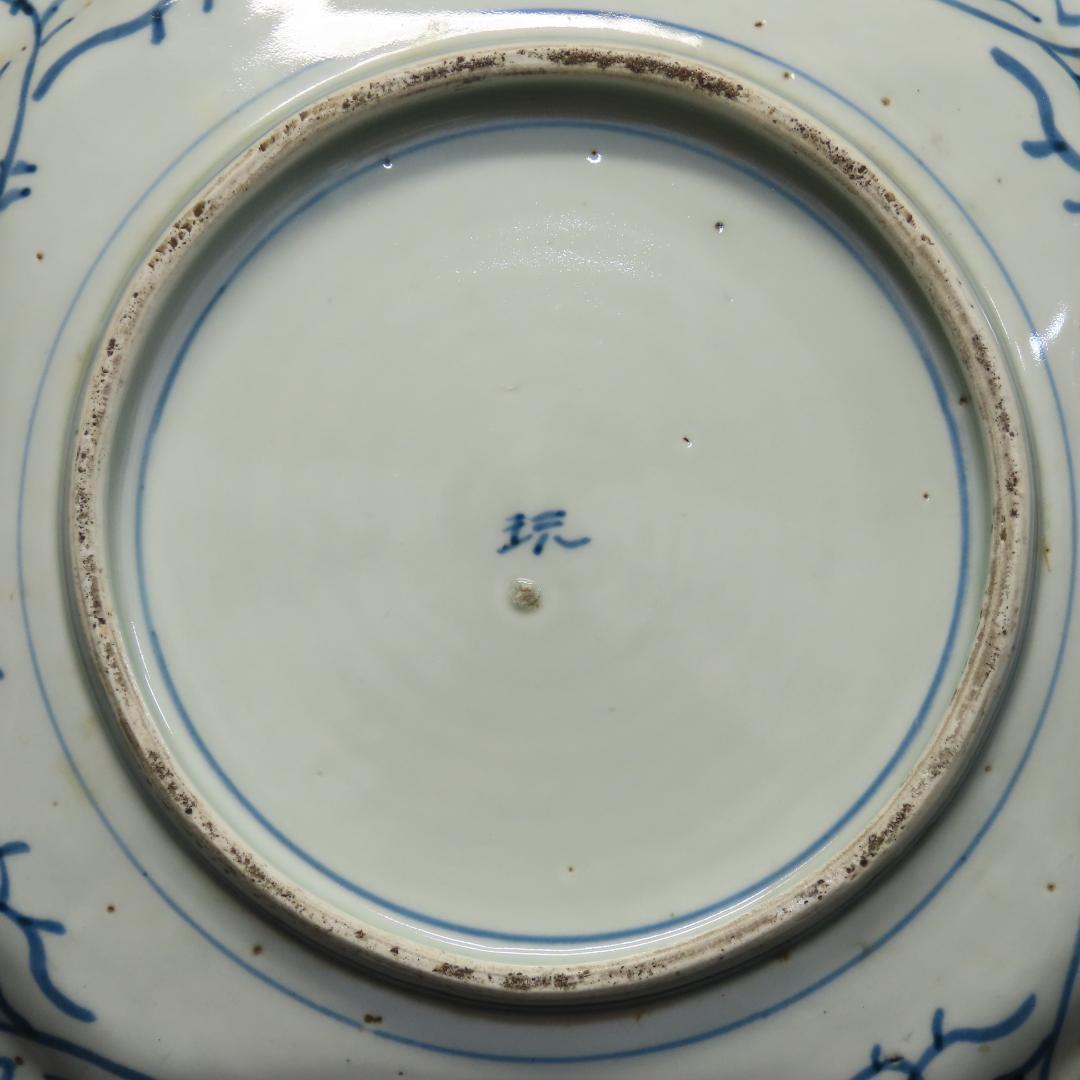 ⭕408 古伊万里 染付 牡丹花文 四方隅切額皿 無傷 30cm 江戸後期
