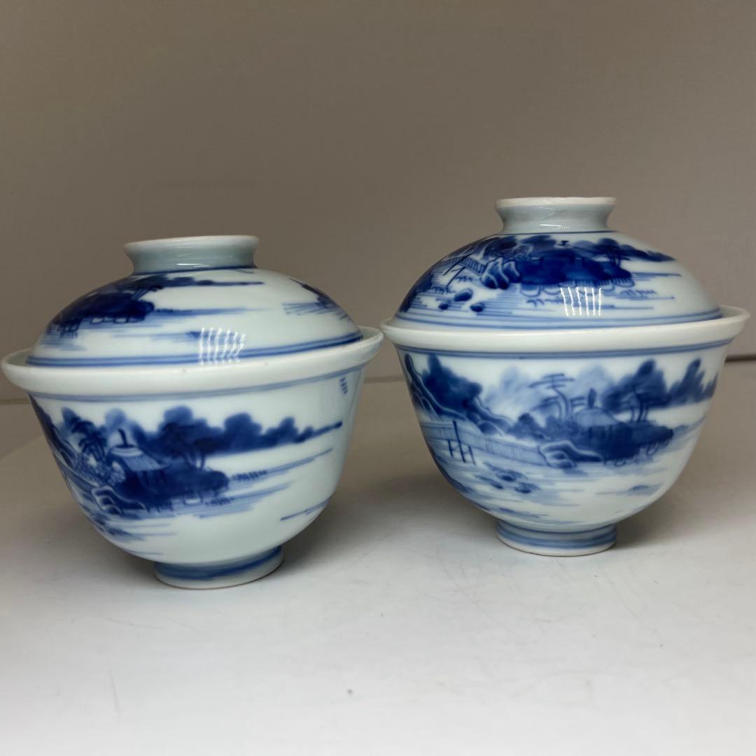 中国清時代　新渡青花蓋茶碗2客　身口径約9.5㎝　東Y8-0217☆2F