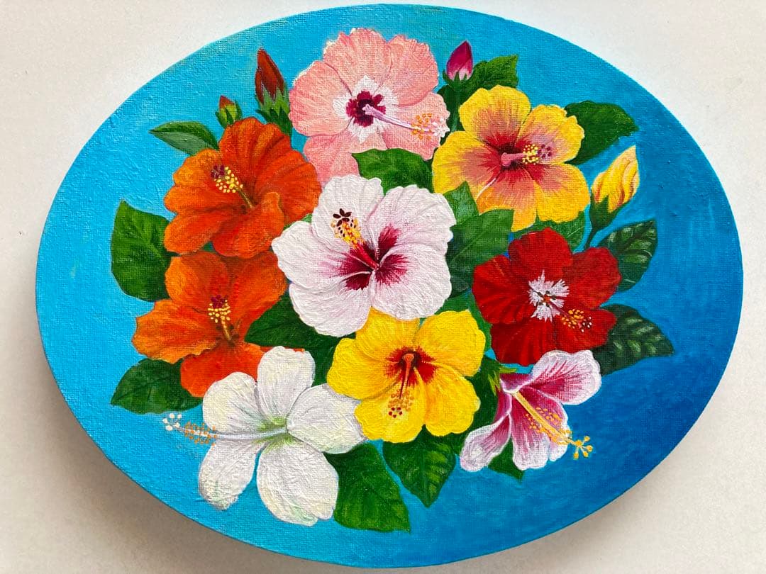 花の絵　アクリル画　原画 「鮮やかなハイビスカス」