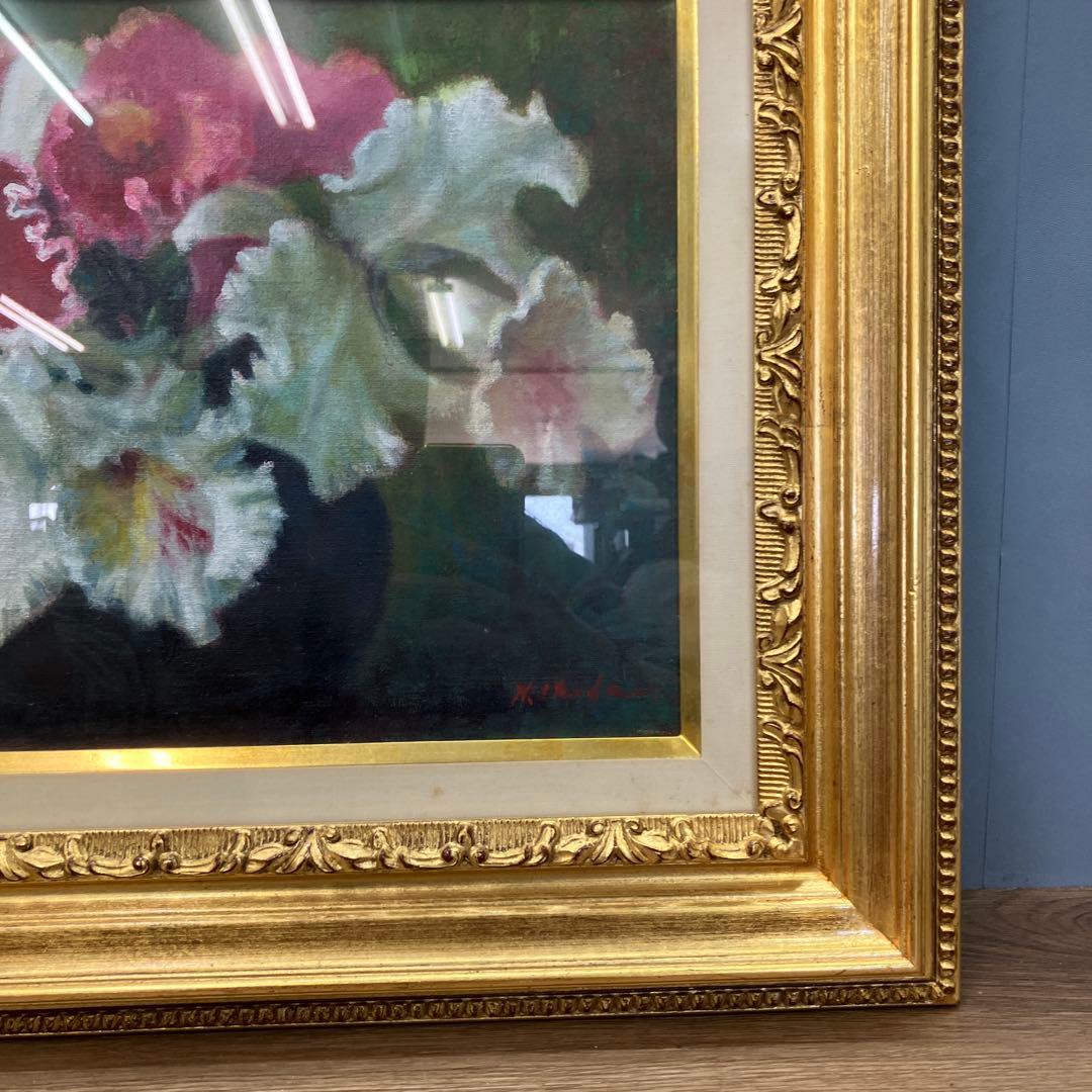 油彩画 カトレア 静物画 サイン有 額装 額入り 壁掛け 立掛け インテリア