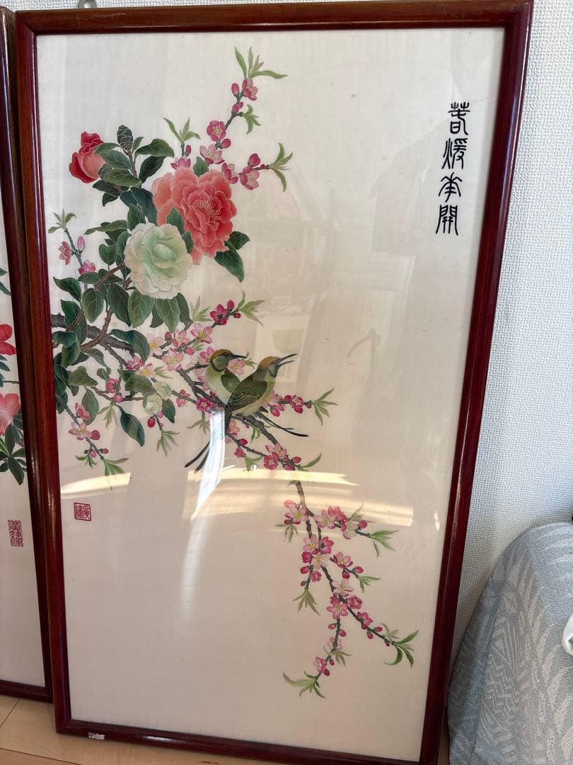 風*蛛様 刺繍絵画 中国 2点 花 鳥