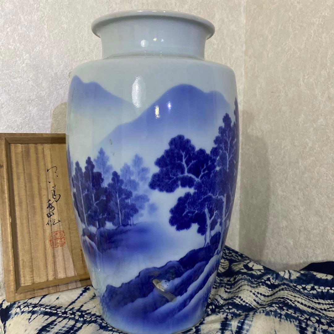 真葛香山　染付　山水滝花瓶