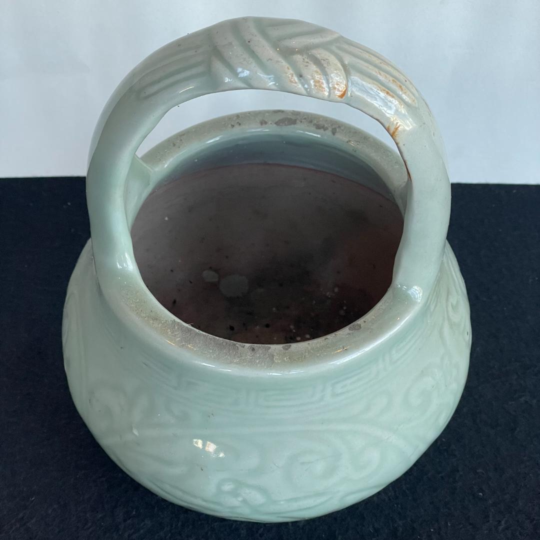 青磁 手付 手炙 手あぶり 火鉢 灰被 灰かぶり 茶道具 花文 古陶 中国 花器