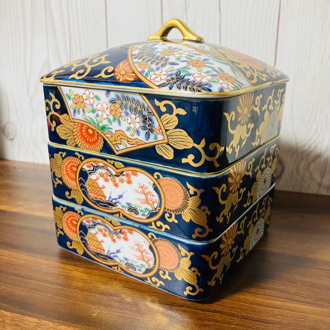 【希少 新品】有田焼 其泉窯 古伊万里 金襴手 三段重 金彩 お重 元箱付き