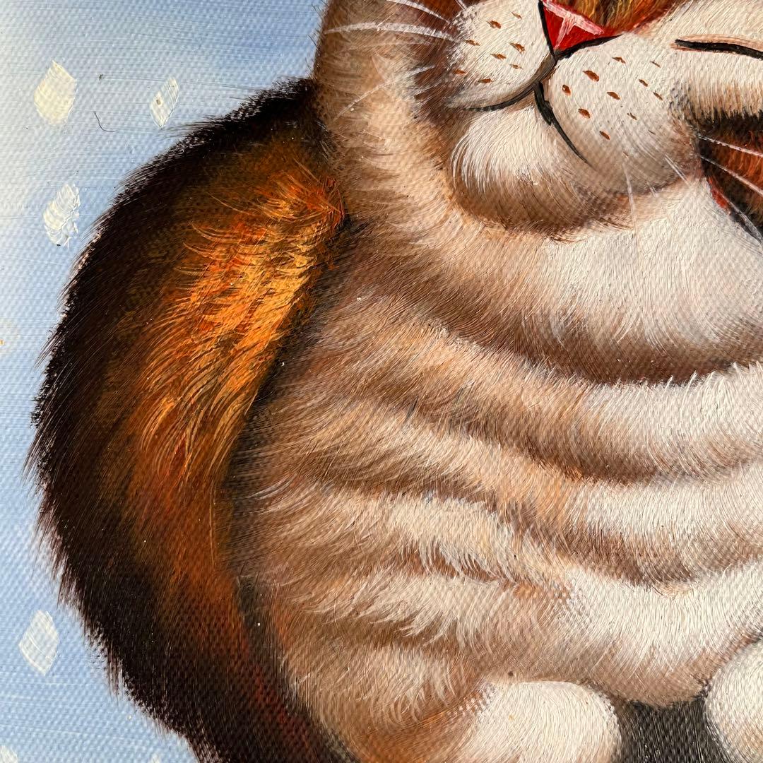 手書き油絵 冬のねこ 額付 絵画 インテリア 油彩画