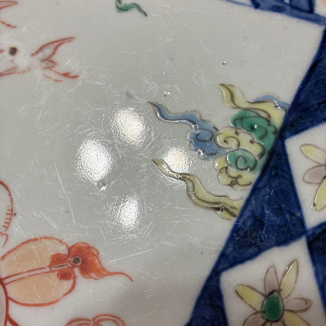 色絵 大皿 約37cm 鳳凰 鶴 縁起物　吉祥文様 窓絵　尺二皿　金継ぎ用　骨董