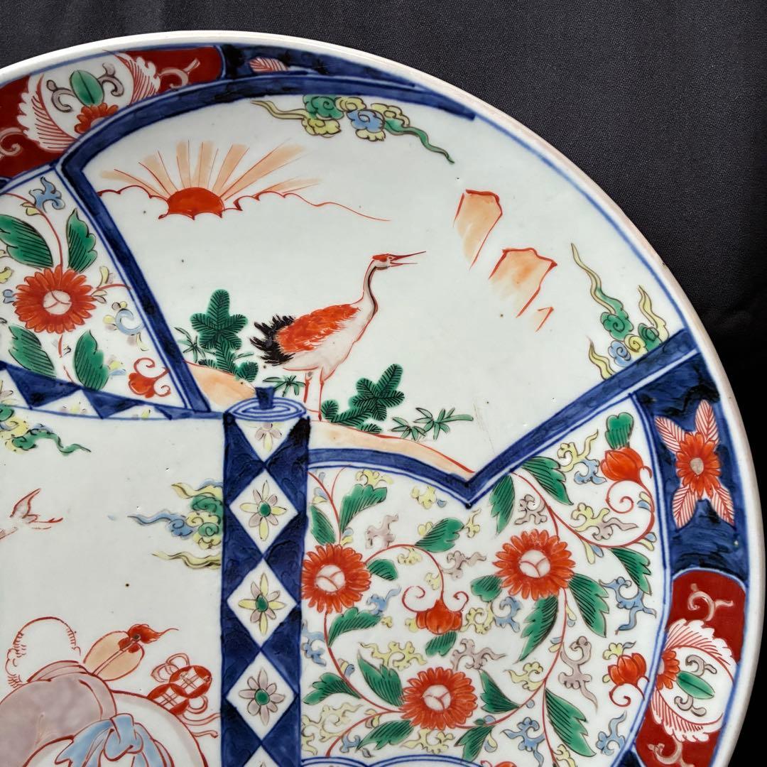 色絵 大皿 約37cm 鳳凰 鶴 縁起物　吉祥文様 窓絵　尺二皿　金継ぎ用　骨董