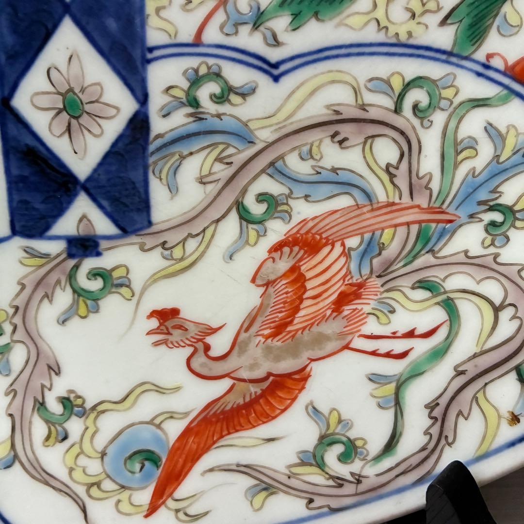 色絵 大皿 約37cm 鳳凰 鶴 縁起物　吉祥文様 窓絵　尺二皿　金継ぎ用　骨董