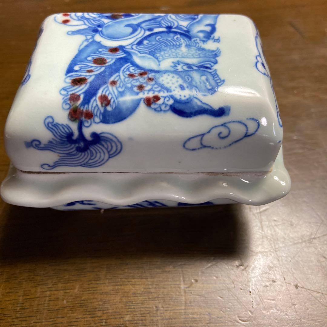 青　骨董　陶磁器蓋付き容器　蓋物　香合
