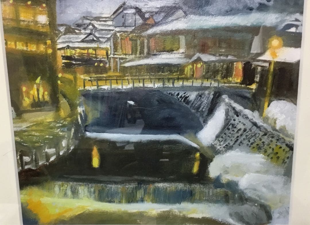 油彩画「　温泉街の冬景色　」額入