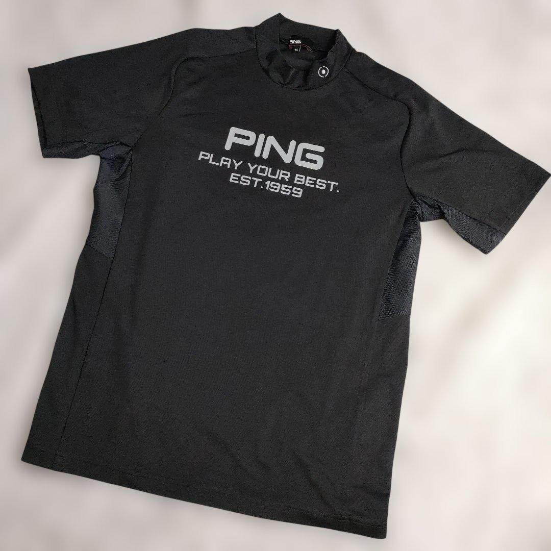 PING　モックネック　半袖シャツ　ストレッチ　脇切替え　ブラック　LL