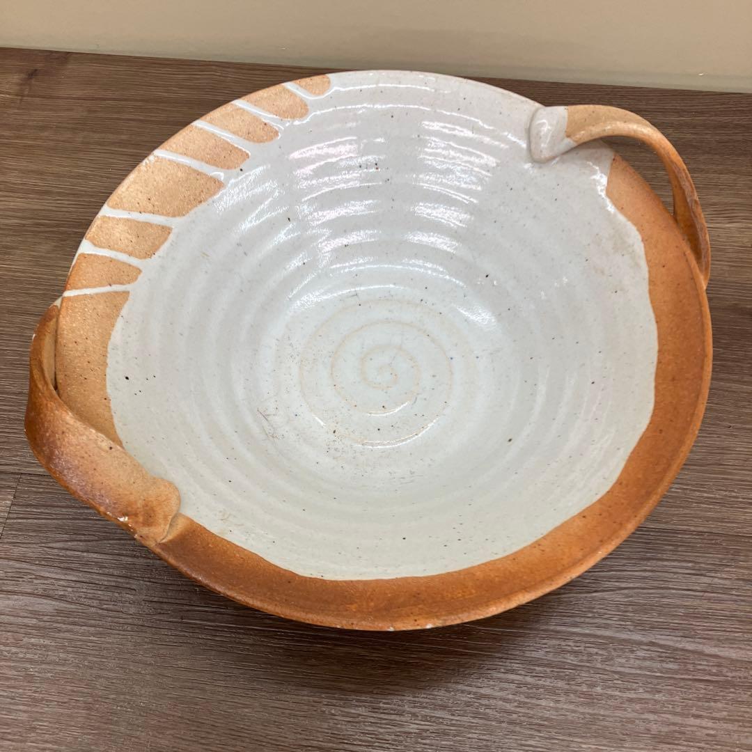 D-4 【作家物】手びねり フルーツ皿 大鉢 盛り鉢 片口風ハンドル付