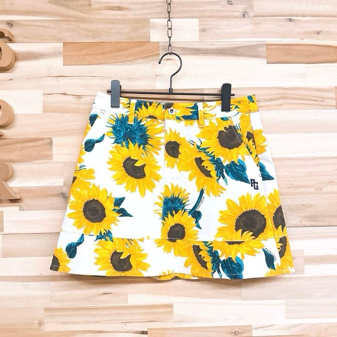 【パーリーゲイツ】ゴルフ 花柄 ひまわり ミニ スカート ストレッチ 白×黄