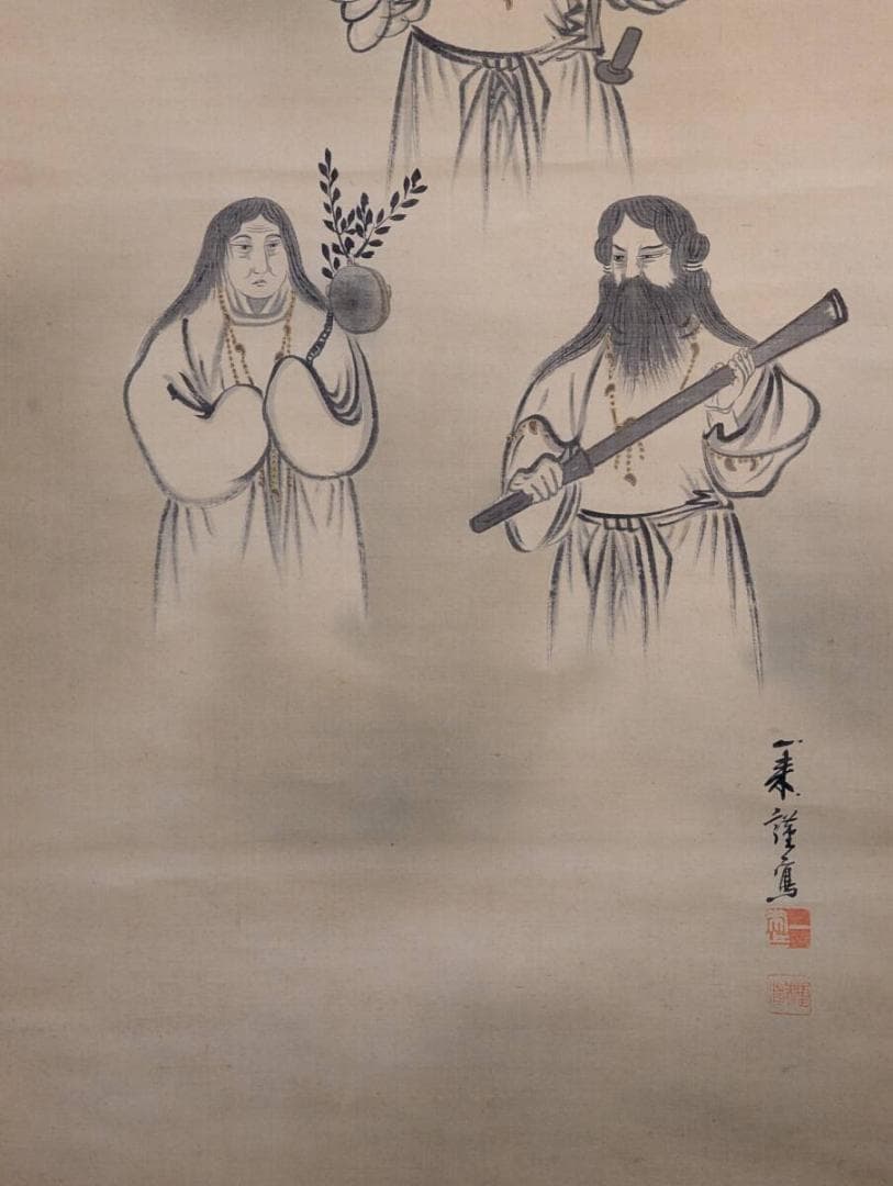 【真作】掛軸　神道三柱神図　天之御中主神・高皇産霊神・神産巣日神　共箱入　V84