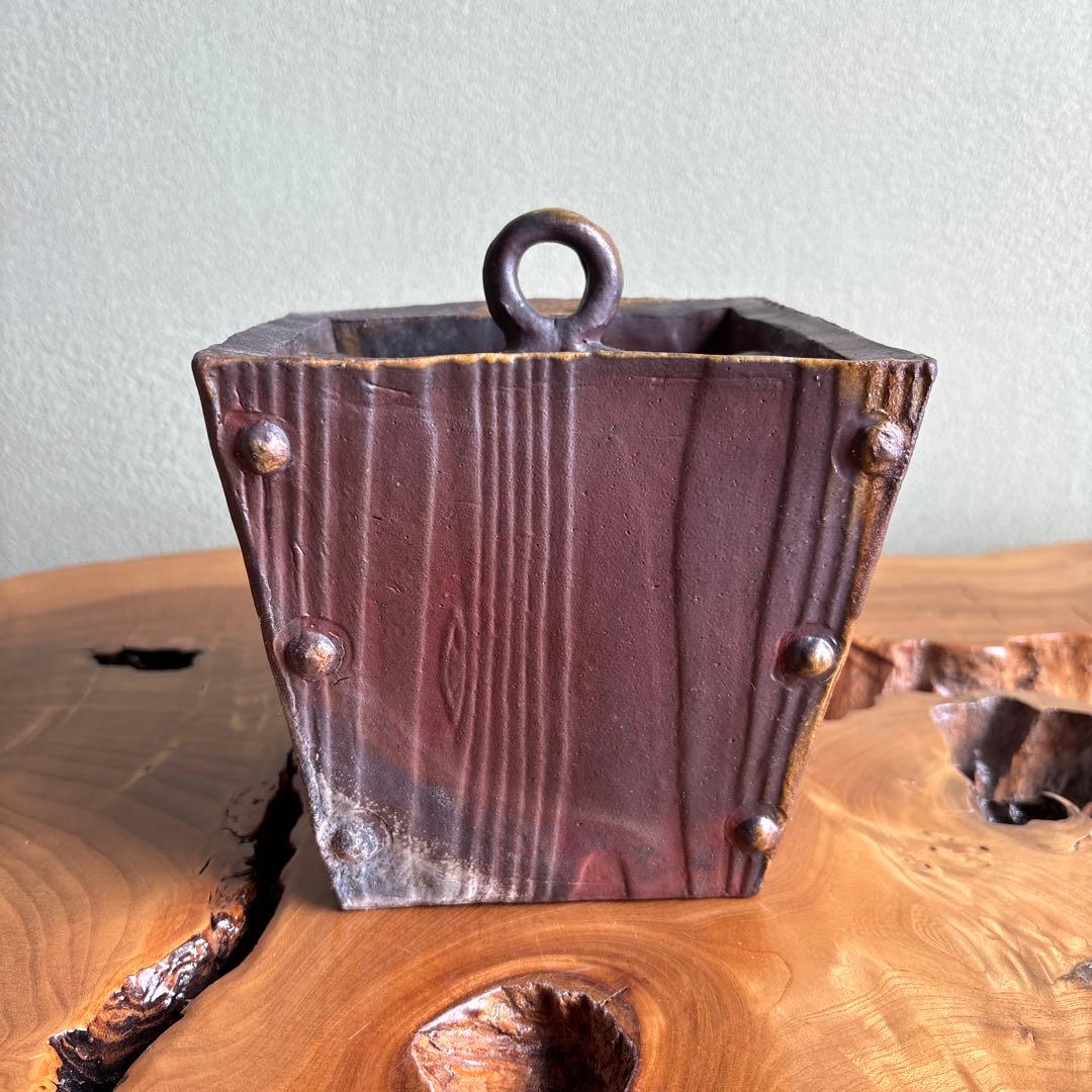 備前焼 松本頼明造 「鉤瓶花入」 共箱 花瓶 高さ17cm