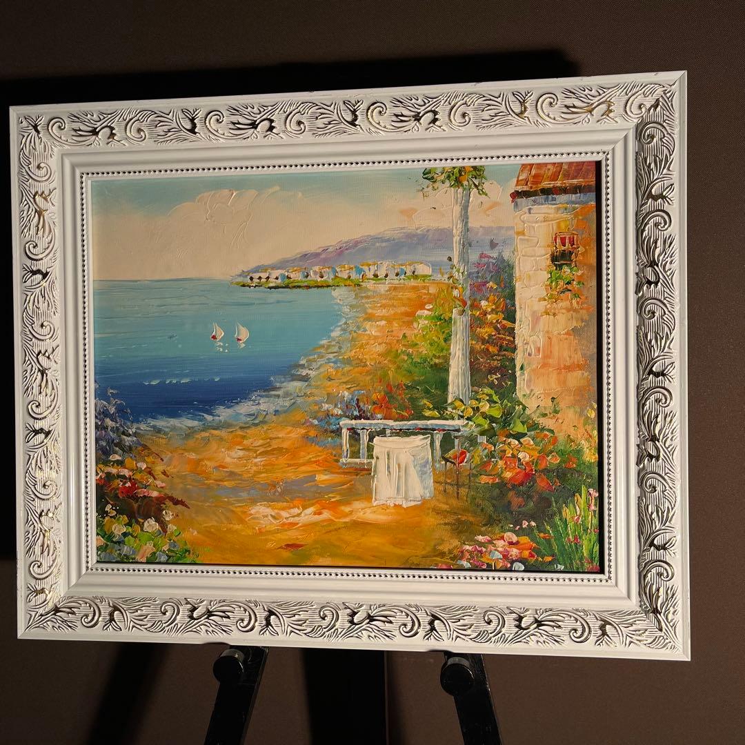 手書き油絵 地中海の風景 額付き 絵画 インテリア 油彩画
