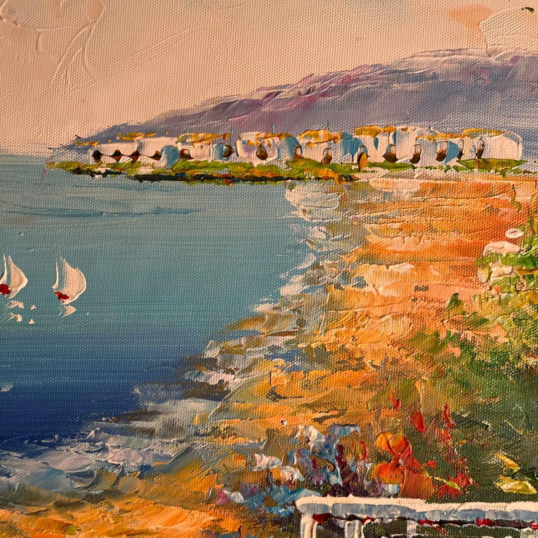 手書き油絵 地中海の風景 額付き 絵画 インテリア 油彩画