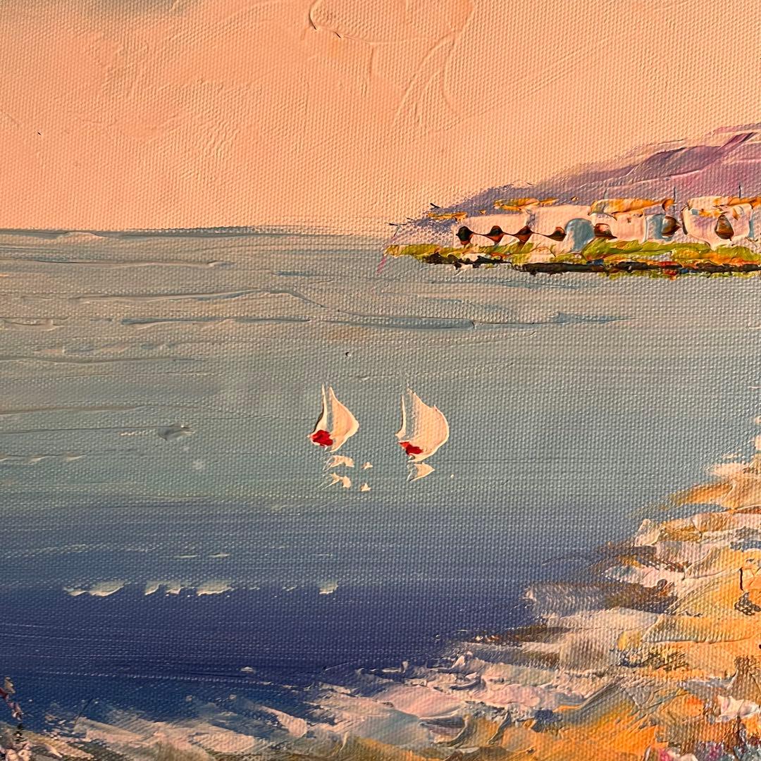 手書き油絵 地中海の風景 額付き 絵画 インテリア 油彩画