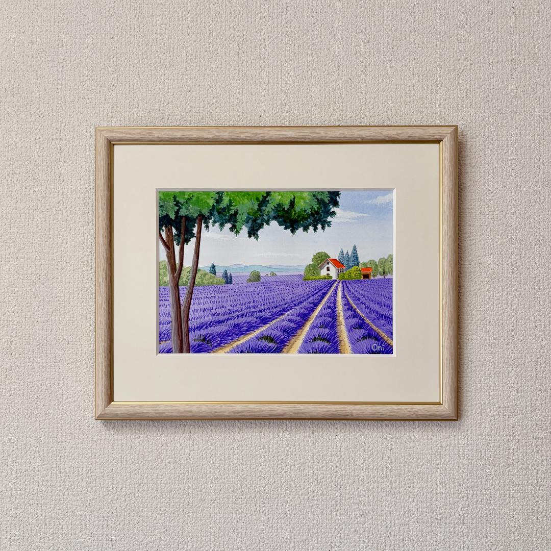 アクリル画　原画　「ラベンダー畑12」額縁付　SMサイズ　風景画