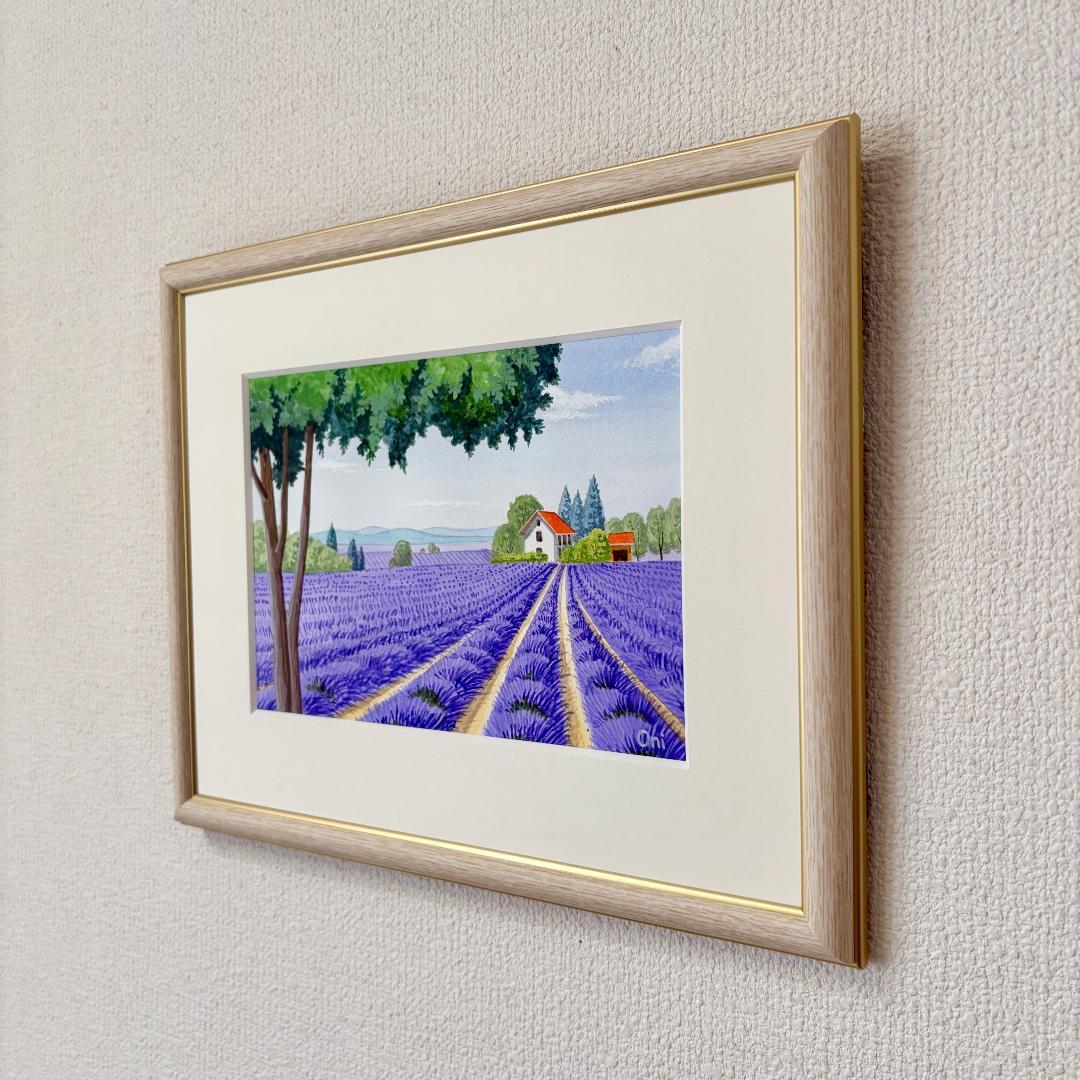 アクリル画　原画　「ラベンダー畑12」額縁付　SMサイズ　風景画