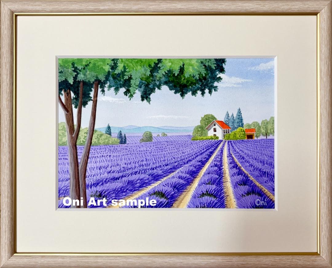 アクリル画　原画　「ラベンダー畑12」額縁付　SMサイズ　風景画