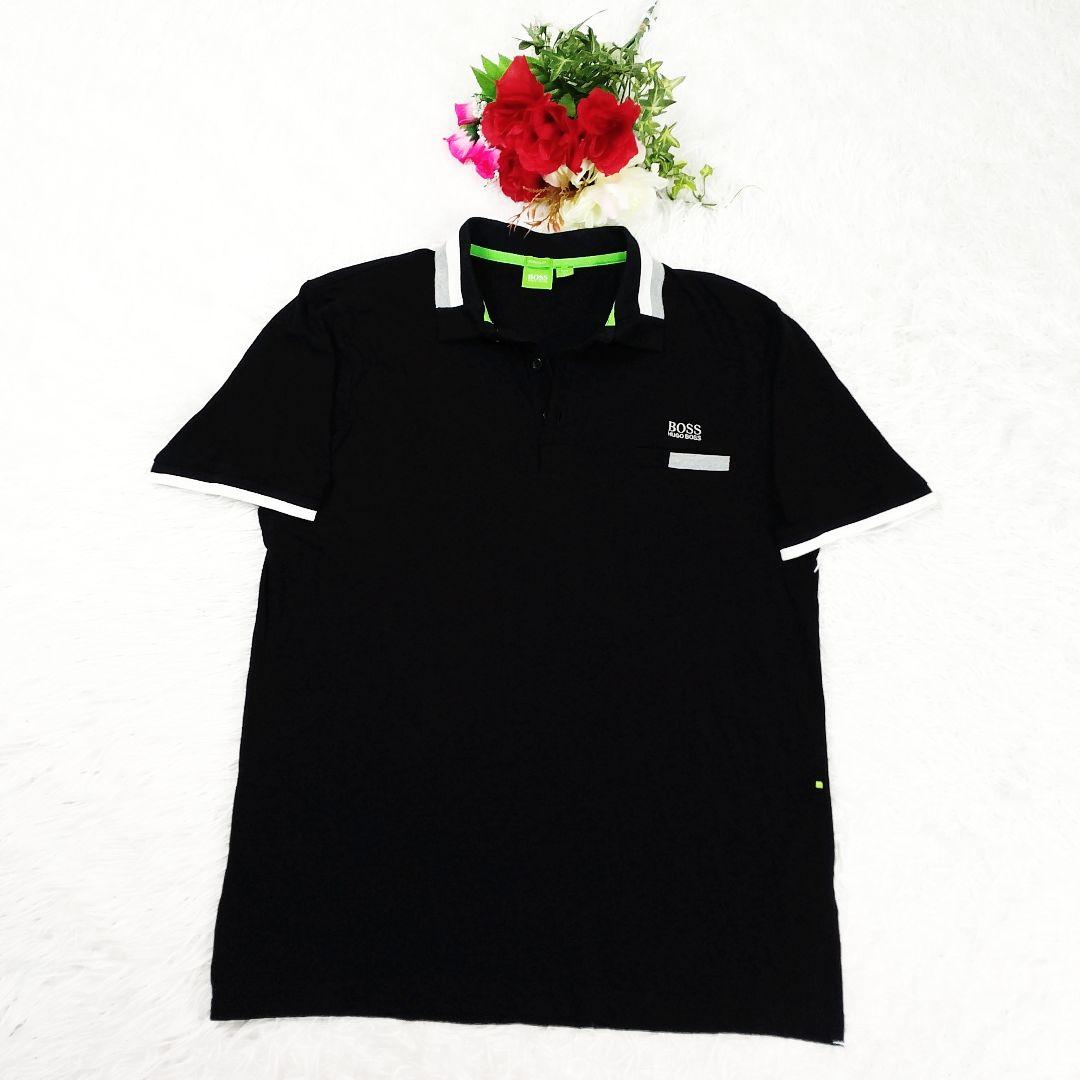 【美品】ヒューゴボス HUGO BOSS ポロシャツ L 黒 刺繍ロゴ ポケット