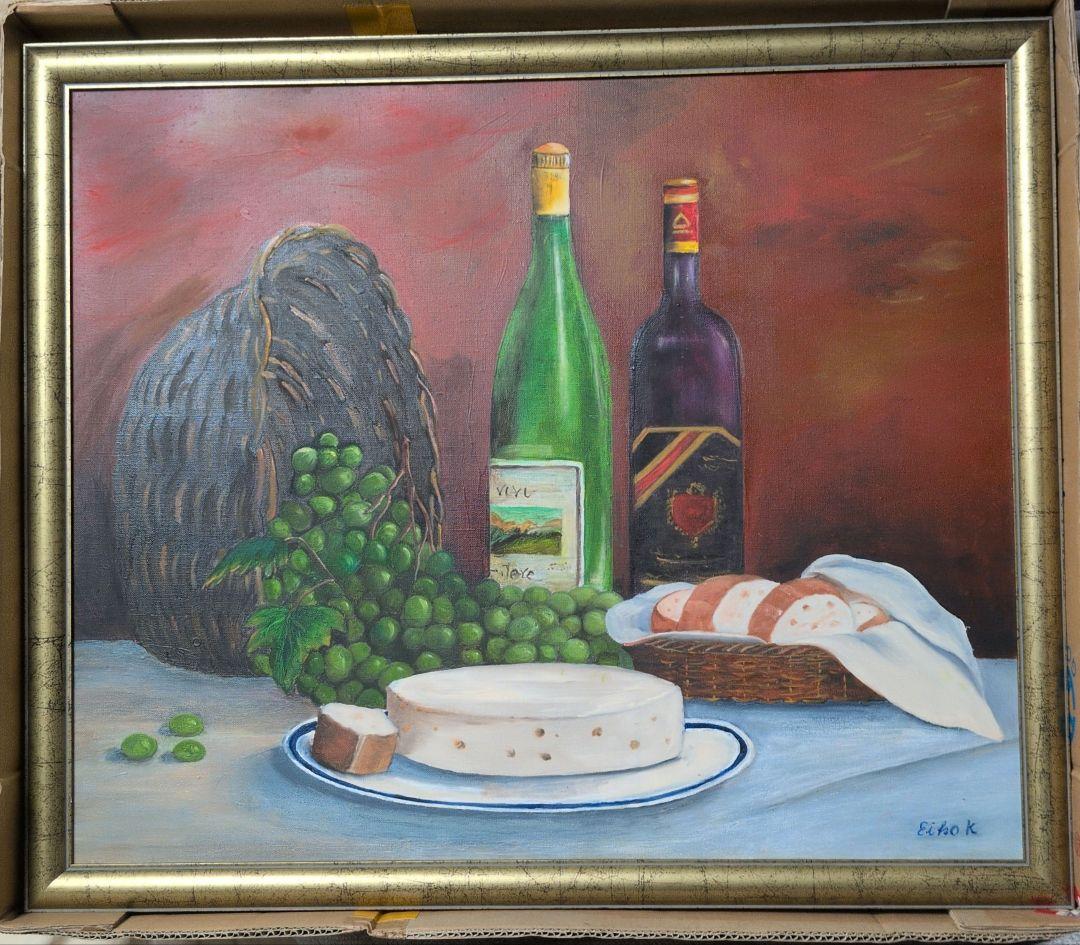 静物画 油彩画 ワインとチーズ　78×66