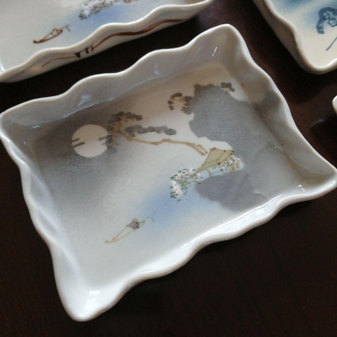 瀬戸焼　加藤春花　絵替ひだ角皿　5枚　16.5cm　大正〜昭和初期