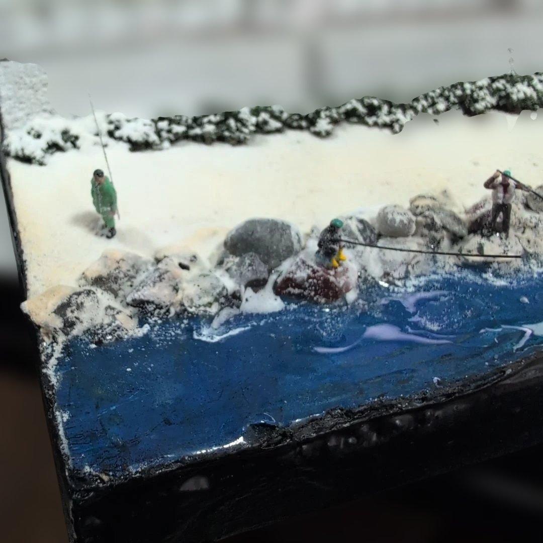 （12）鉄道情景ジオラマ（Nゲージ）No.12「雪の新幹線と冬の釣り人たち」