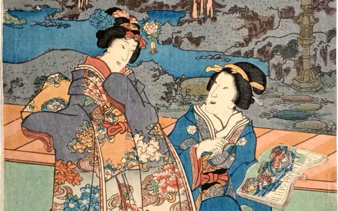 浮世絵版画、江戸紫姿くらべ（十二)三枚綴り三代歌川豊国画、安政4年出版
