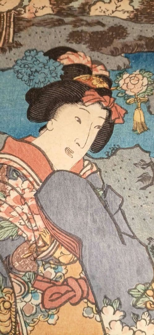 浮世絵版画、江戸紫姿くらべ（十二)三枚綴り三代歌川豊国画、安政4年出版