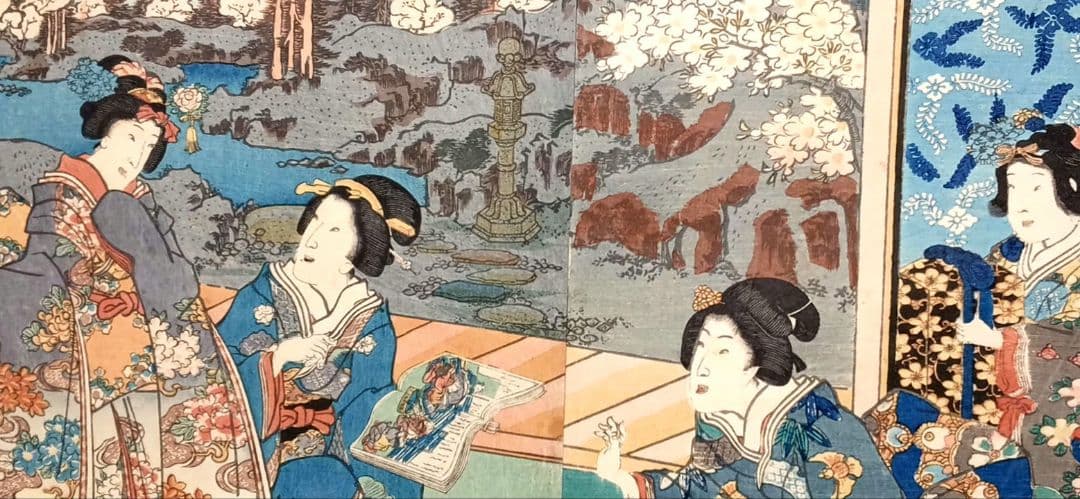 浮世絵版画、江戸紫姿くらべ（十二)三枚綴り三代歌川豊国画、安政4年出版