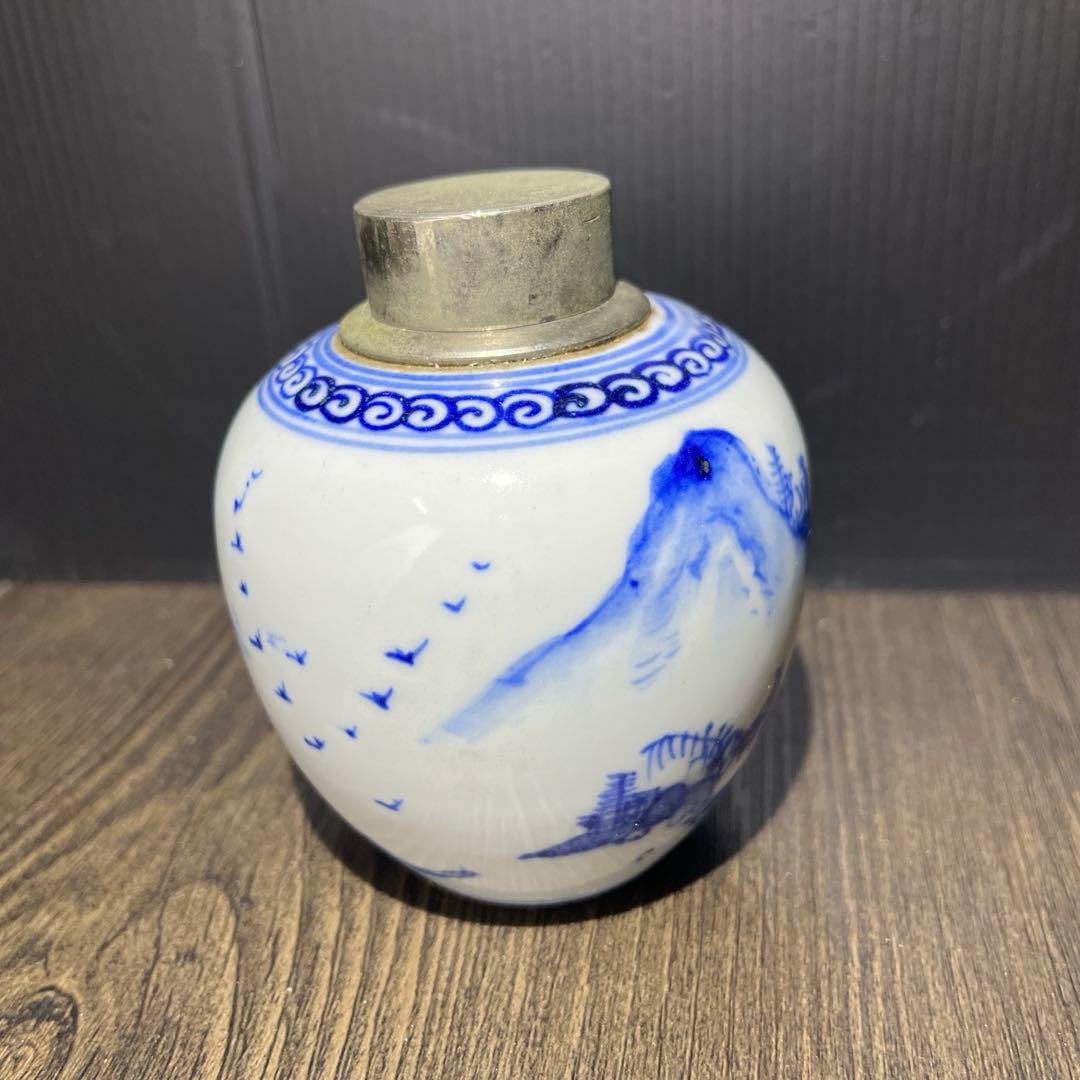 【骨董】呉祥瑞造 染付山水文 茶心壺 真鍮蓋 茶道具 煎茶道具 時代物