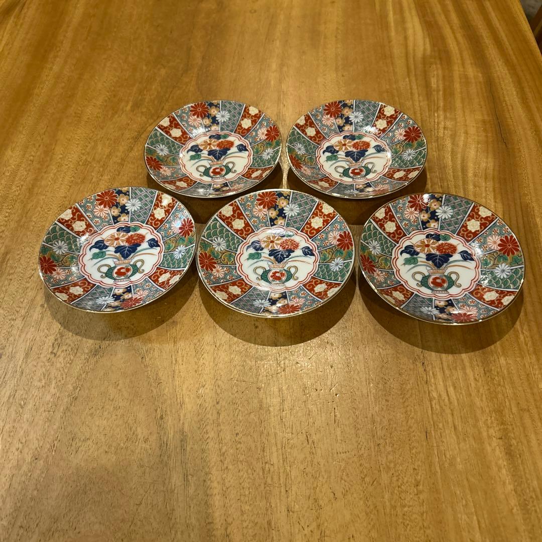 未使用品　有田焼　陶扇　小皿5枚揃え　銘々皿　錦絵　赤絵　金彩　希少