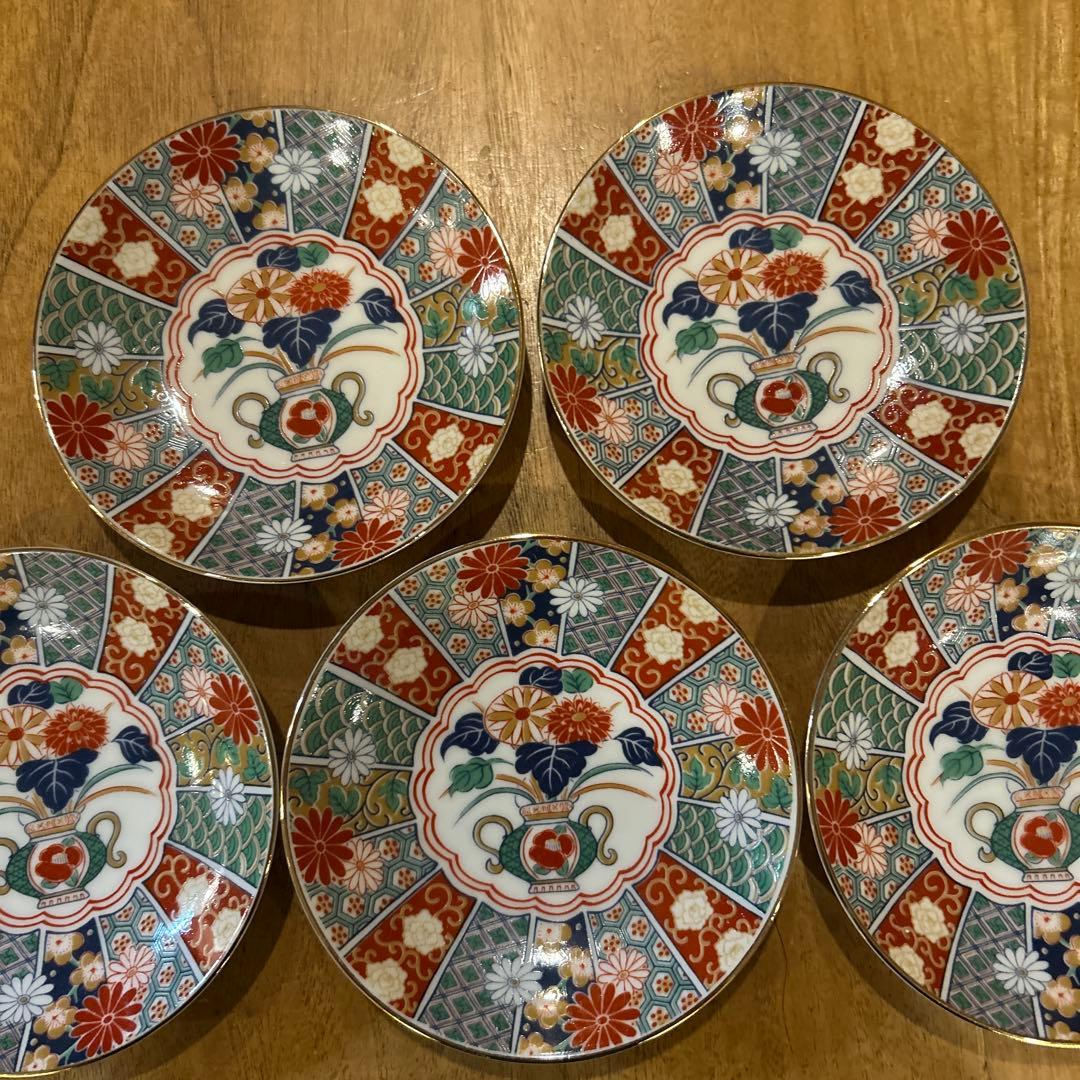 未使用品　有田焼　陶扇　小皿5枚揃え　銘々皿　錦絵　赤絵　金彩　希少
