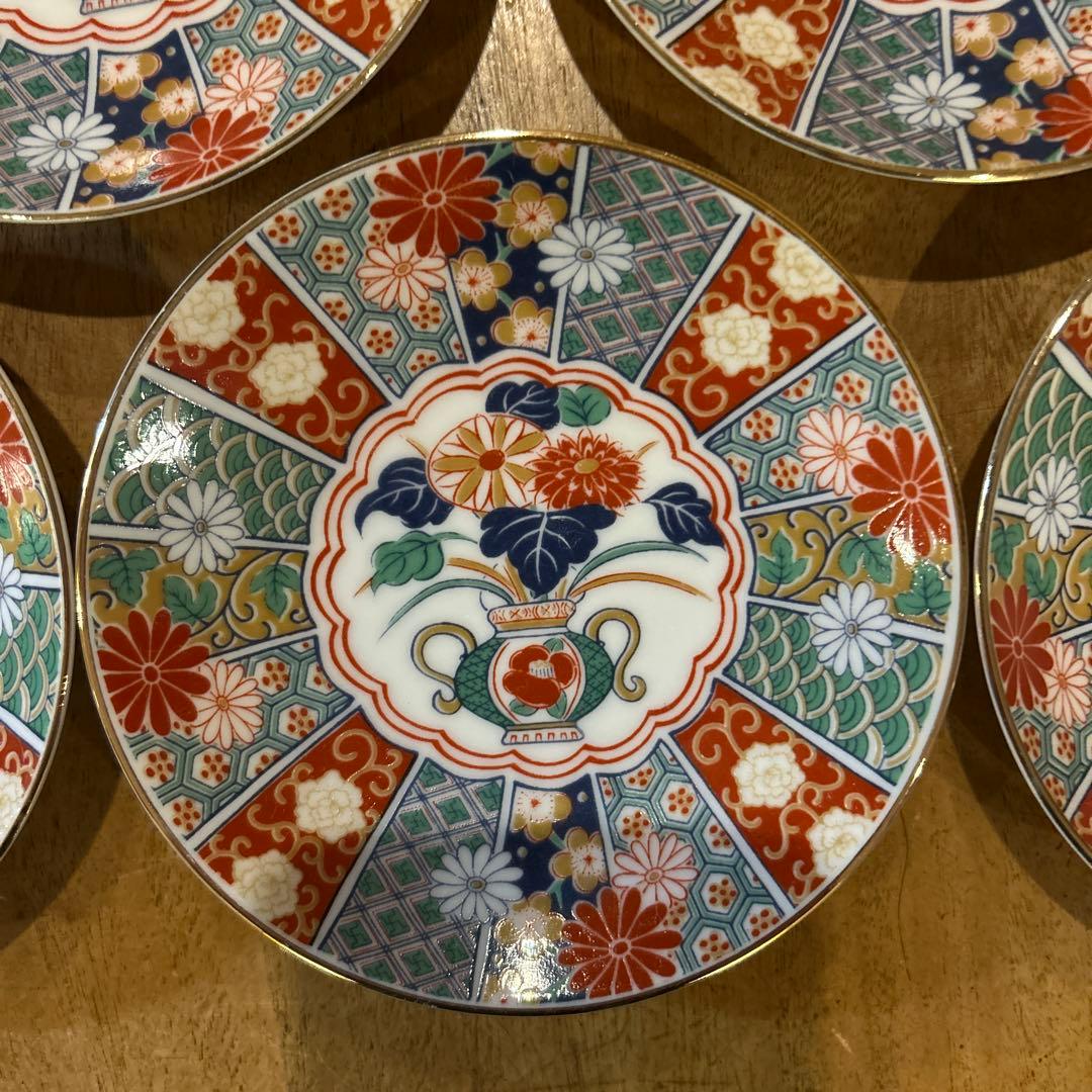 未使用品　有田焼　陶扇　小皿5枚揃え　銘々皿　錦絵　赤絵　金彩　希少