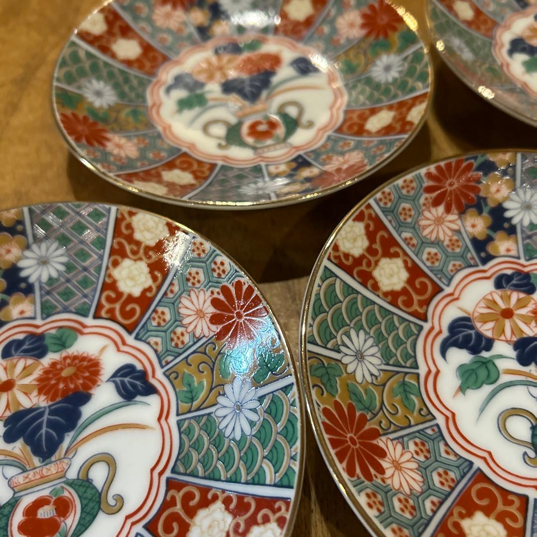 未使用品　有田焼　陶扇　小皿5枚揃え　銘々皿　錦絵　赤絵　金彩　希少