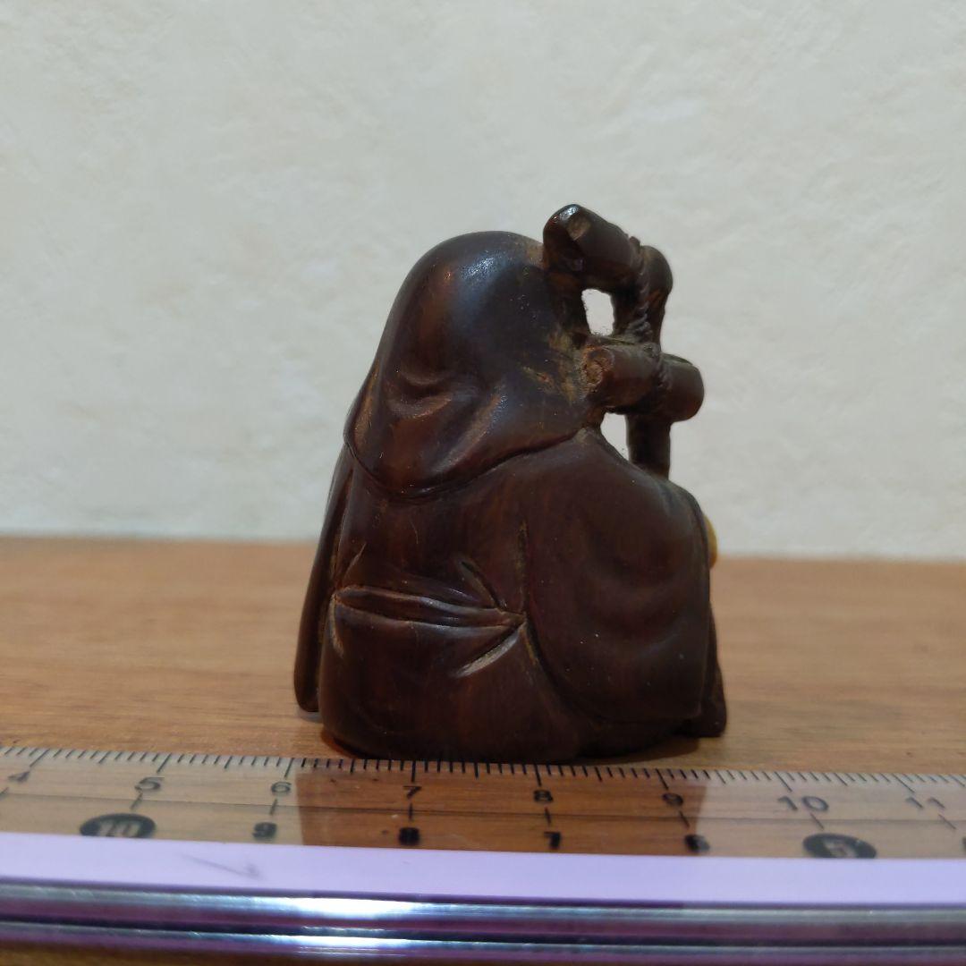 時代提物 縁起物根付 木彫り×天然素材 【寿老人】高さ約4.8cm 重さ約38ｇ