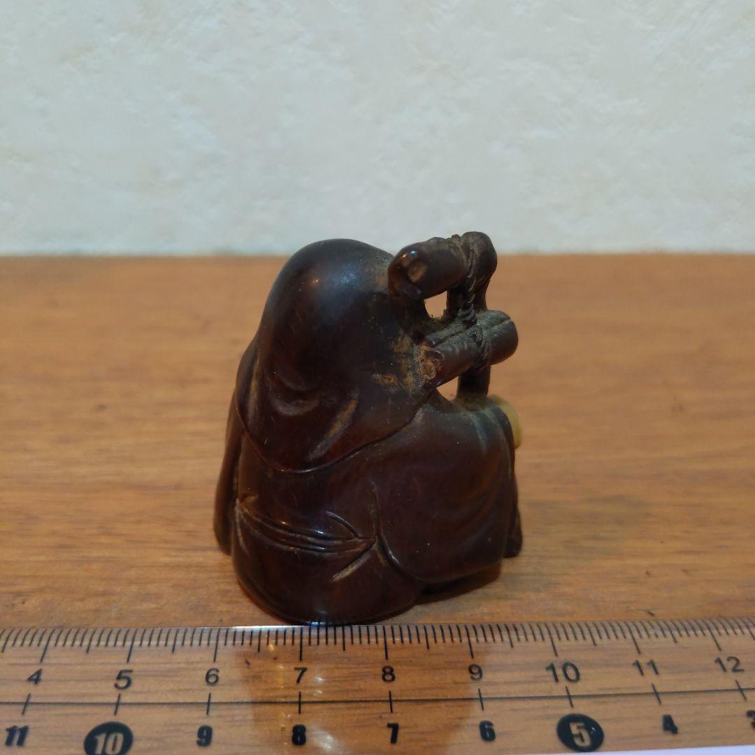 時代提物 縁起物根付 木彫り×天然素材 【寿老人】高さ約4.8cm 重さ約38ｇ