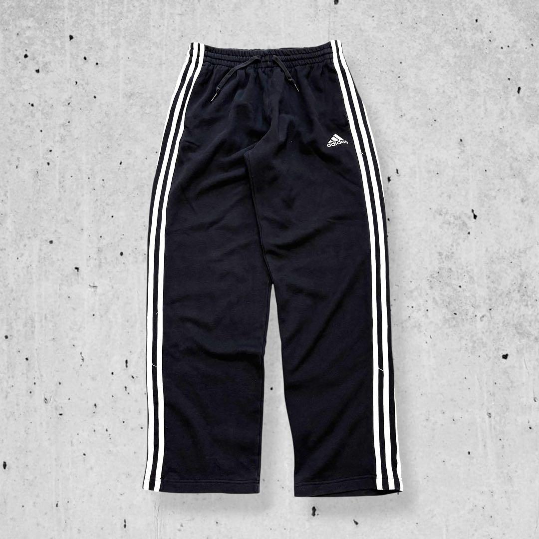 adidasアディダストラックパンツ黒ワイドスウェット3本ラインテック古着W36