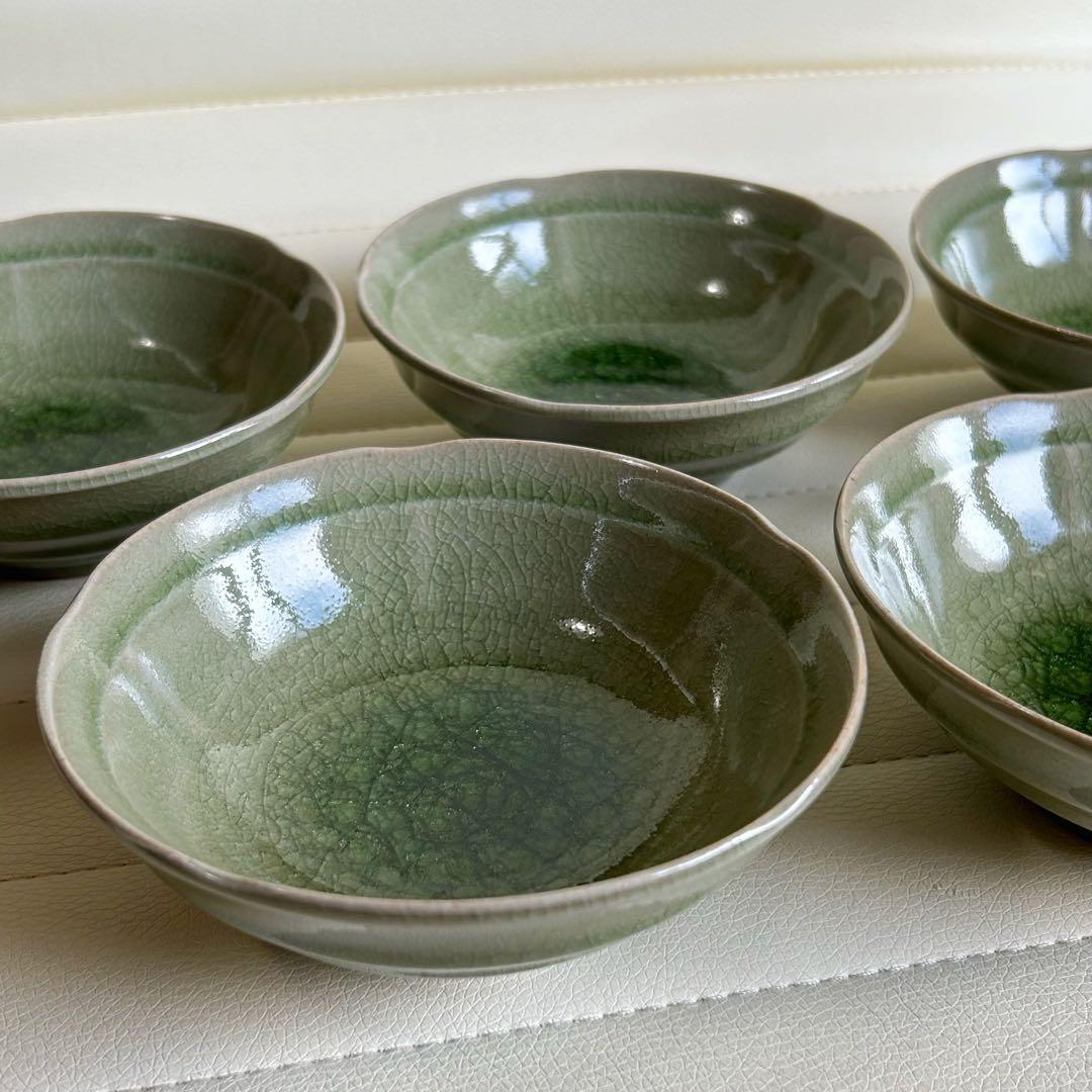 たち吉　緑釉　小鉢揃　5枚セット　貫入陶器　取り皿　とんすい　灰釉　土物　煮物鉢