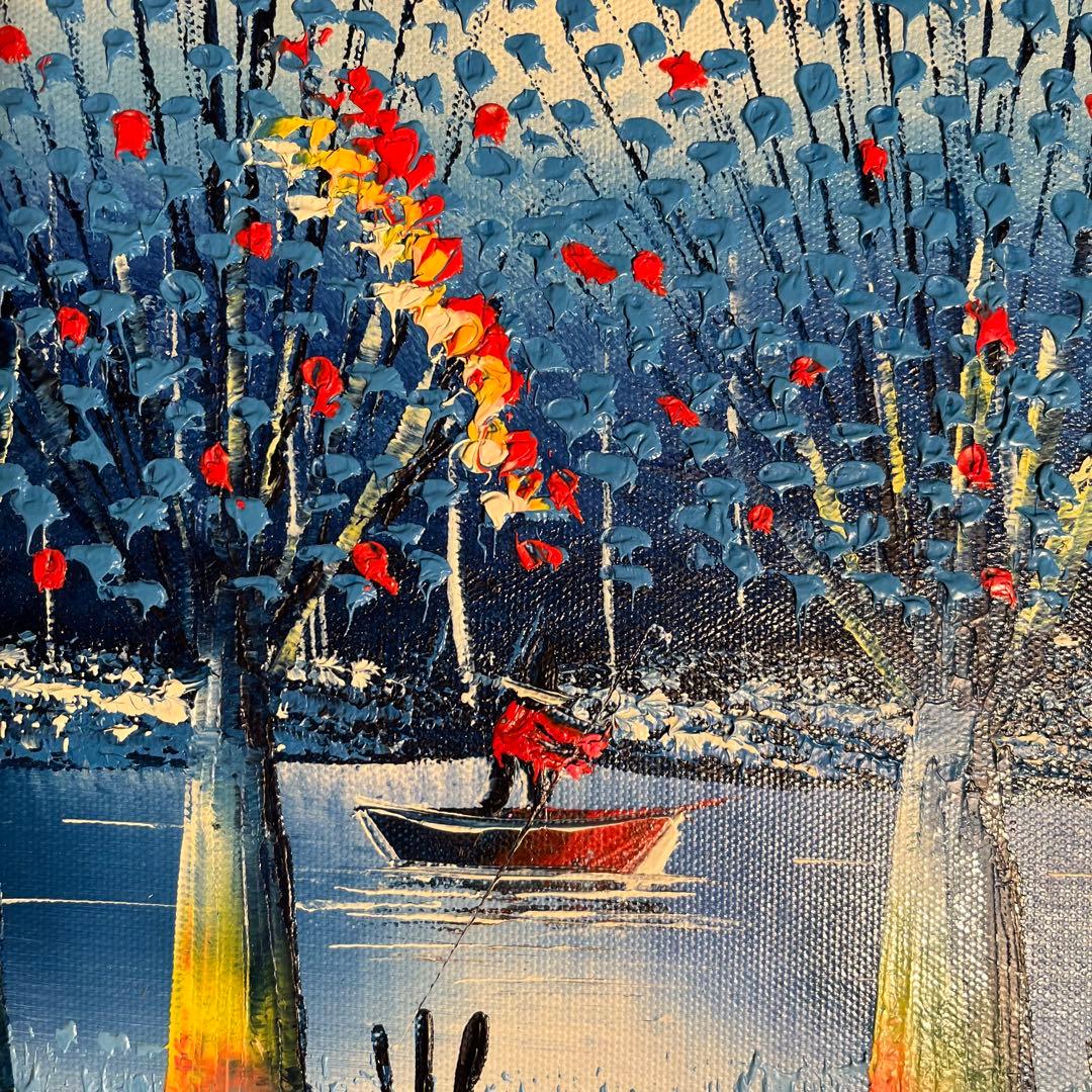 手書き油絵 青の川下り 額付 絵画 インテリア 油彩画