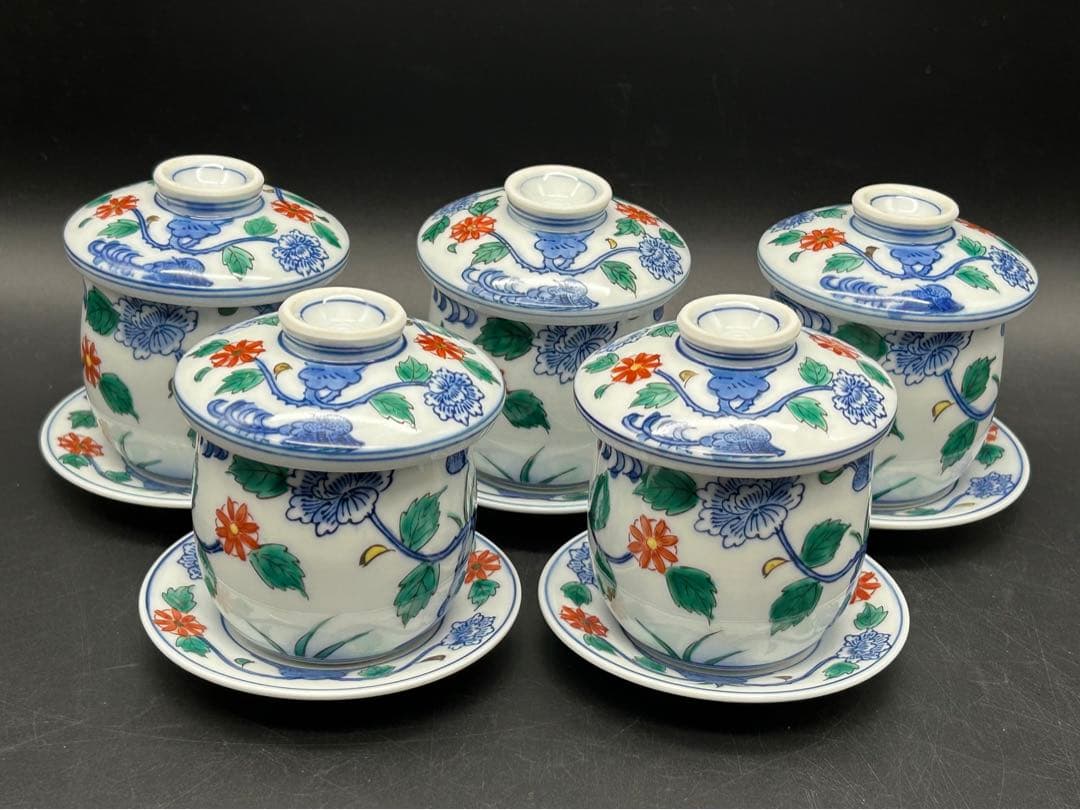 陶器　有田焼　染付　金彩　茶碗蒸し　5客セット　印あり　未使用品