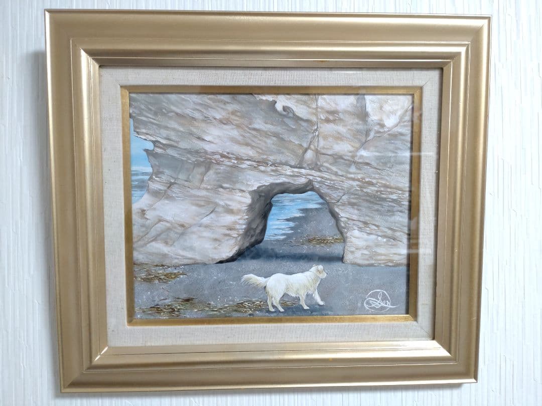 犬の油絵【海岸と犬】1点物の原画/作者サイン入り