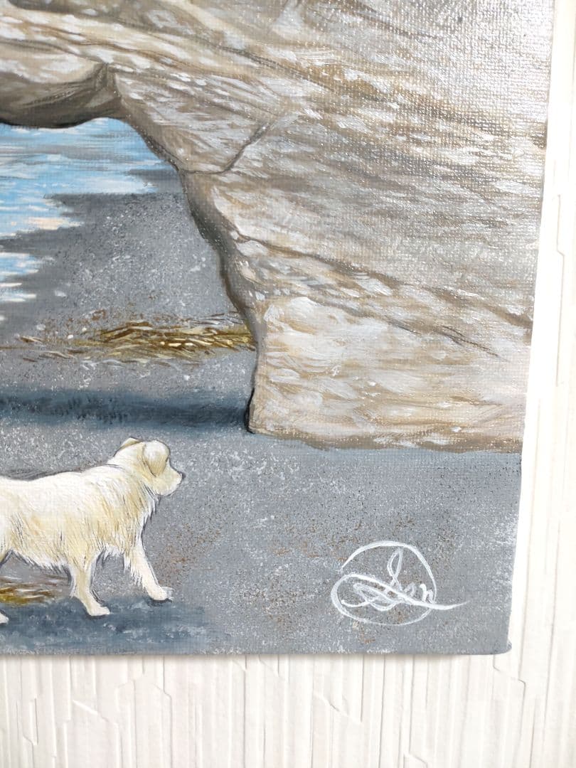 犬の油絵【海岸と犬】1点物の原画/作者サイン入り