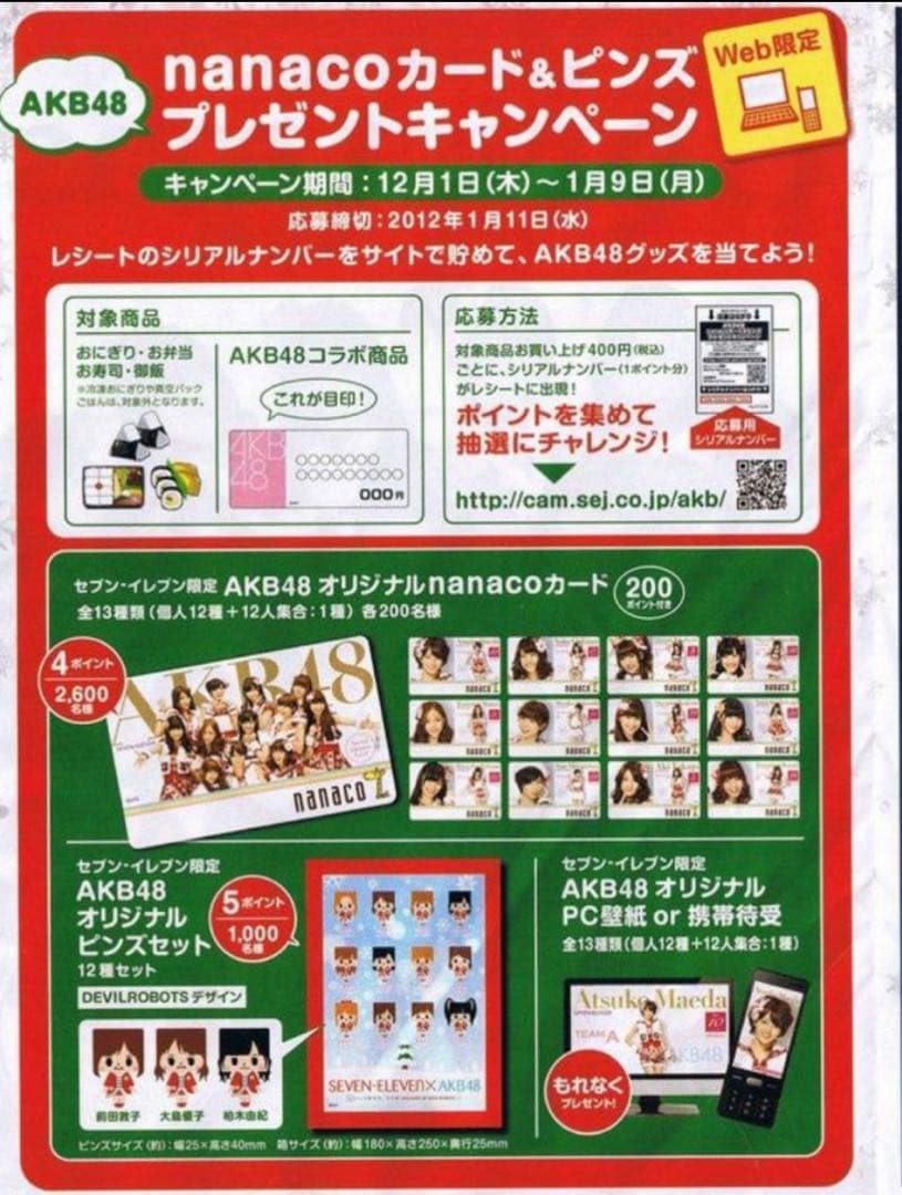 当選品　セブンイレブン　AKB48 キャンペーン　河西智美　nanacoカード