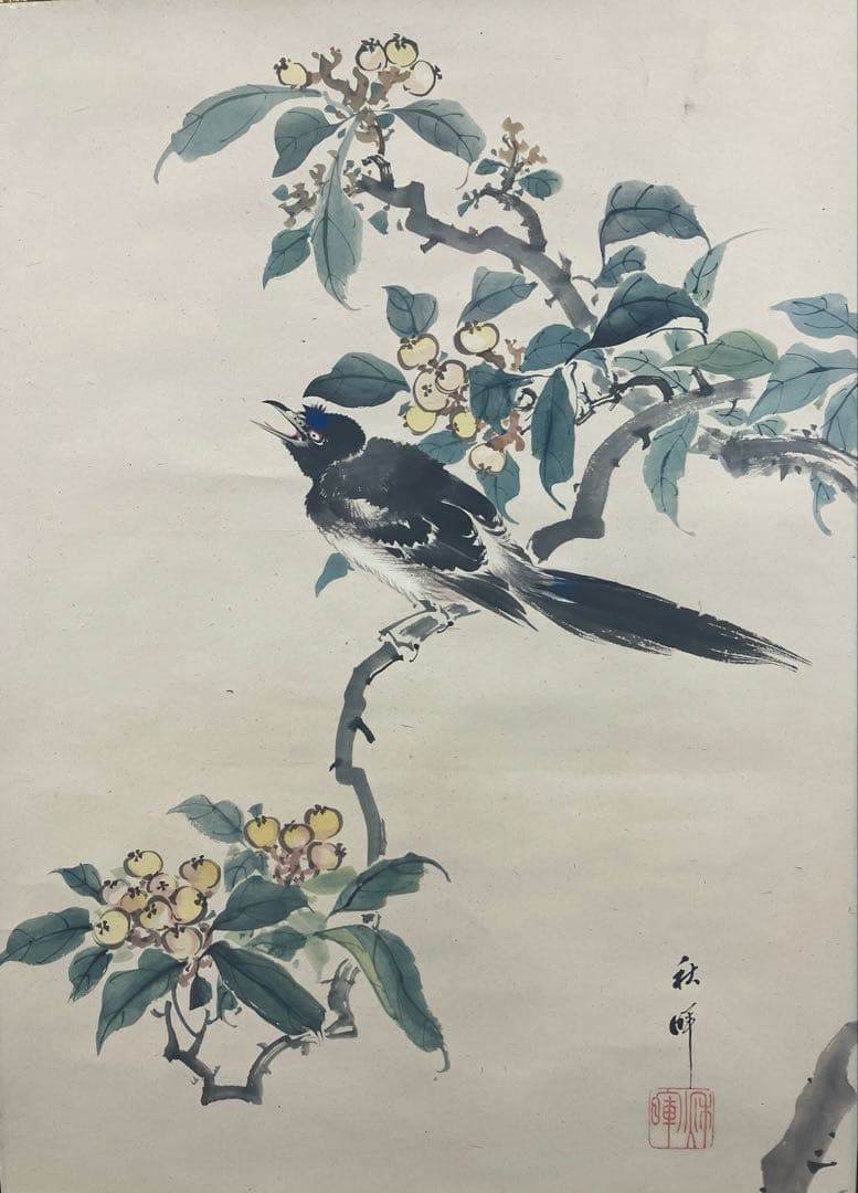岡本秋暉【花鳥図】紙本　掛軸
