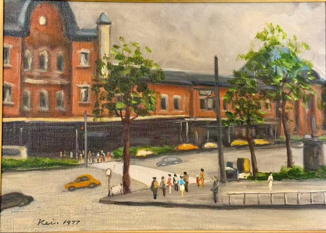 「駅前」 油彩風 風景画 額装 絵画 インテリア アート作品 #228-2