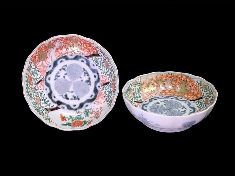 古伊万里 金襴手　桜花紋に菊の図　膾皿　２客　D121AS-DCs