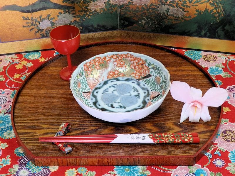 古伊万里 金襴手　桜花紋に菊の図　膾皿　２客　D121AS-DCs